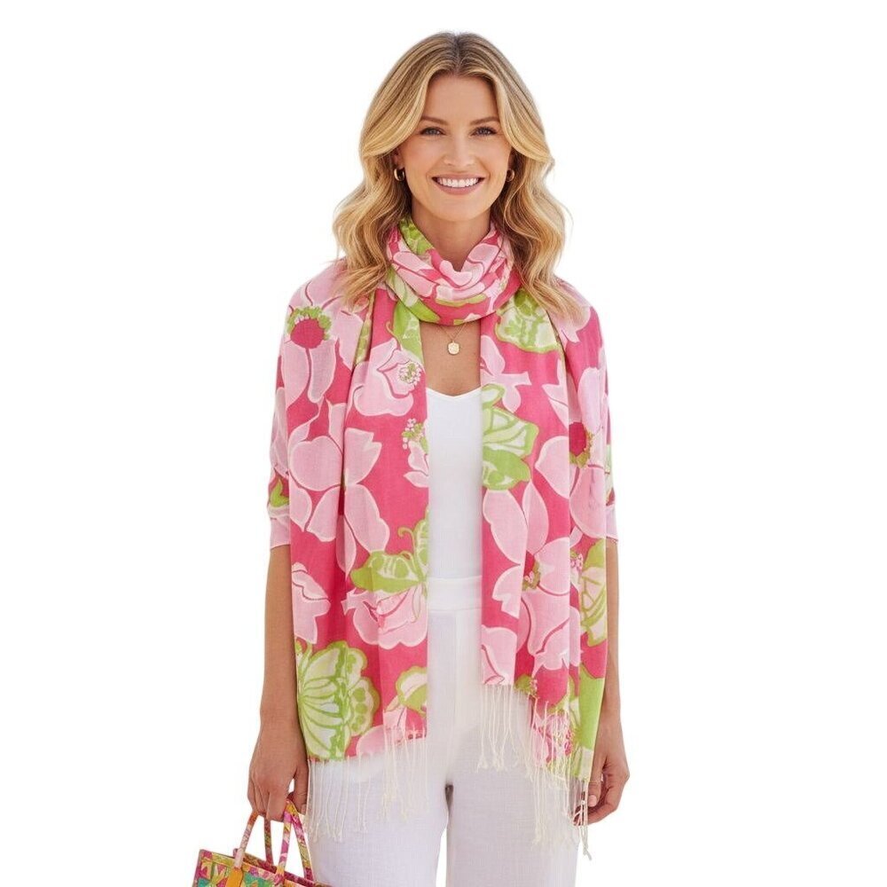Lilly Pulitzer Murphree Silk Cashmere Pink Floral Fringe Scarf Wrap 27"x82"